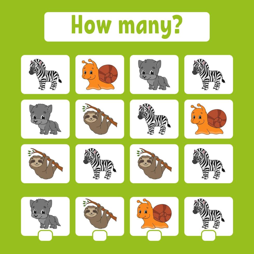 Counting game for children of preschool age. Learning mathematics. How many animals in the picture. With space for answers. Simple flat isolated vector illustration in cute cartoon style.