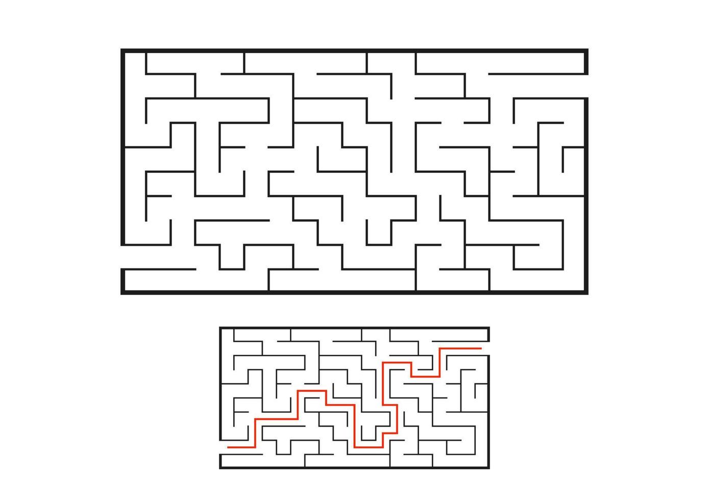 Black rectangular labyrinth. Game for kids. Puzzle for children. Maze conundrum. Flat vector illustration isolated on white background. With the answer.