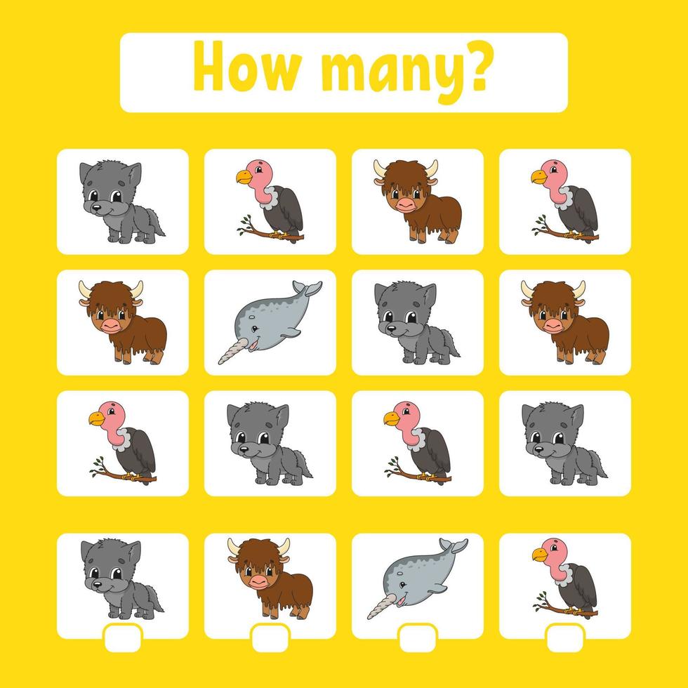 Counting game for children of preschool age. Learning mathematics. How many animals in the picture. With space for answers. Simple flat isolated vector illustration in cute cartoon style.