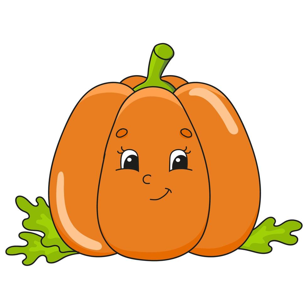 Orange pumpkin. Cute flat vector illustration in childish cartoon style. Funny character. Isolated on white background.