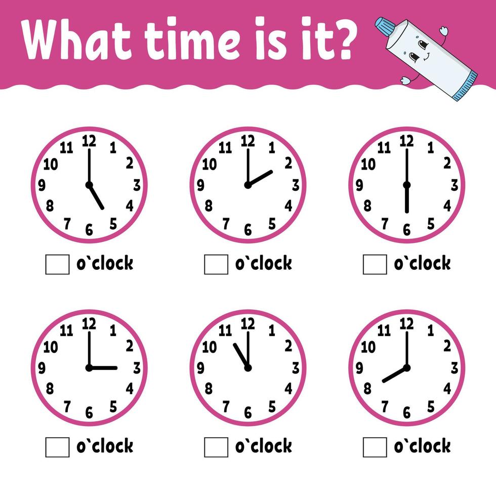 Learning time on the clock. Educational activity worksheet for kids and toddlers. Game for children. Simple flat isolated vector illustration in cute cartoon style.