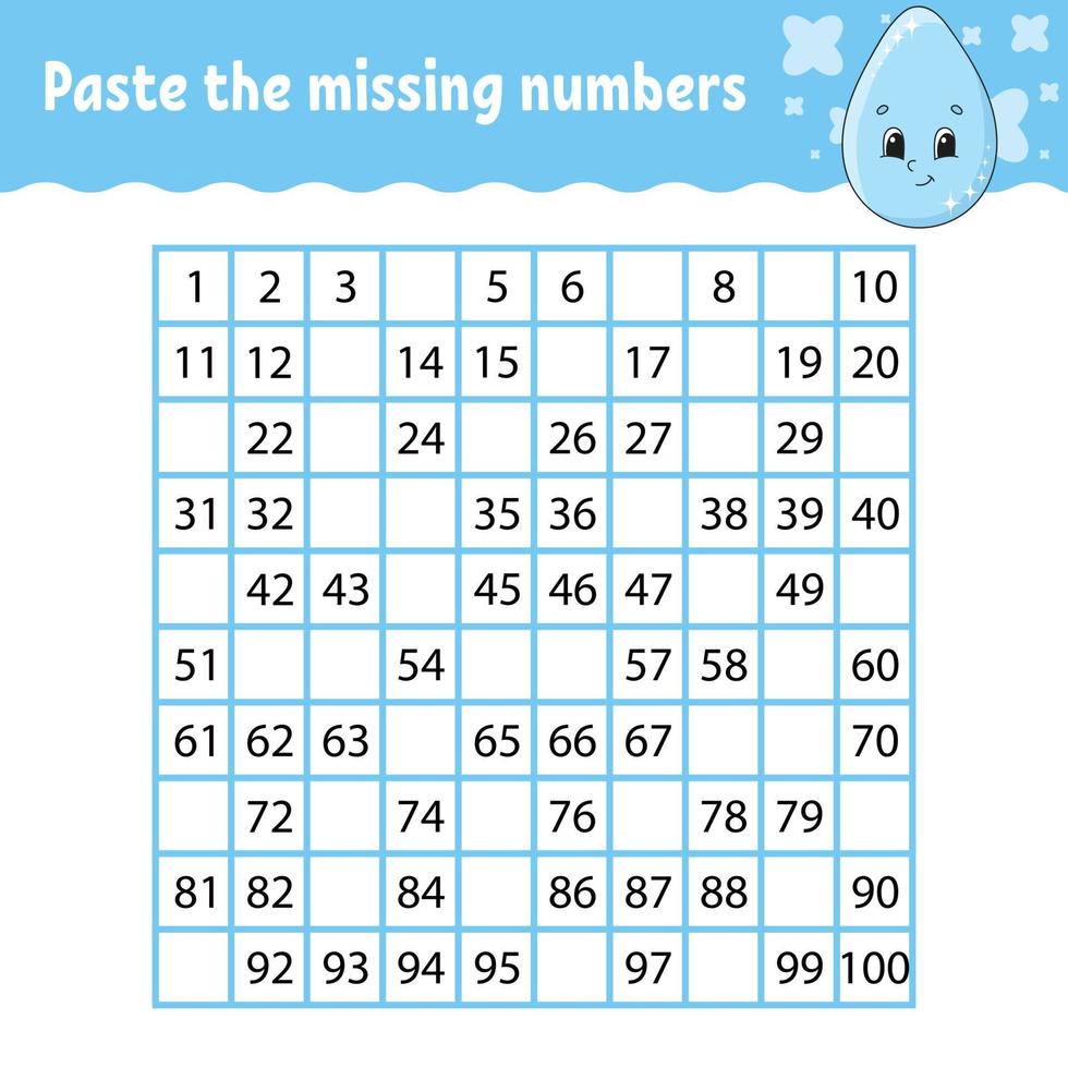 Paste the missing numbers. Handwriting practice. Learning numbers for kids. Education developing worksheet. Activity page. Game for children. Isolated vector illustration in cute cartoon style.