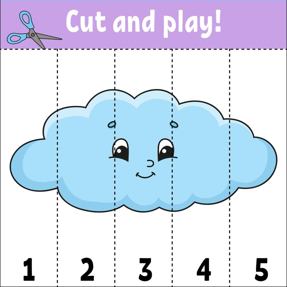 Learning numbers. Cut and play. Education developing worksheet. Game for kids. Activity page. Puzzle for children. Riddle for preschool. Flat isolated vector illustration. Cute cartoon style.