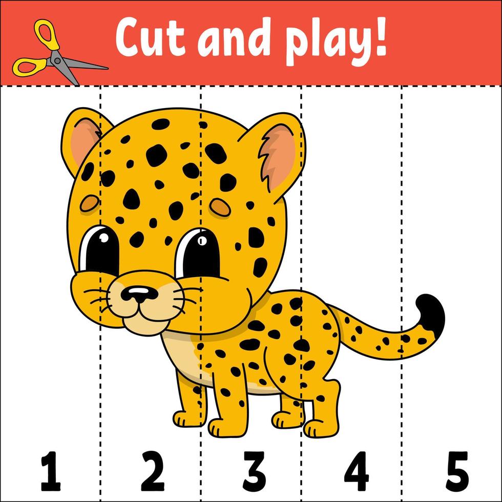 Learning numbers. Cut and play. Education developing worksheet. Game for kids. Activity page. Puzzle for children. Riddle for preschool. Flat isolated vector illustration. Cute cartoon style.