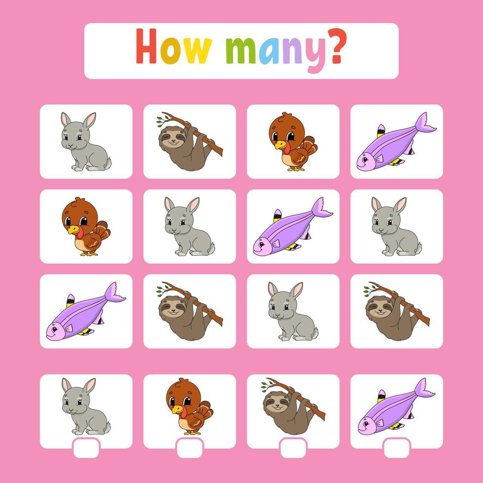 Counting game for children of preschool age. Learning mathematics. How many animals in the picture. With space for answers. Simple flat isolated vector illustration in cute cartoon style.