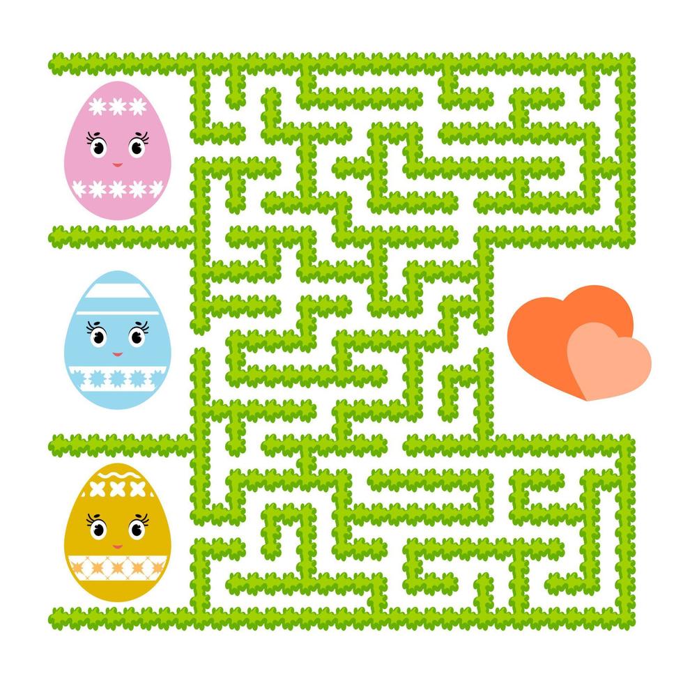 Color abstract labyrinth. Kids worksheets. Activity page. Game puzzle for children. Cute egg toon, the way to the heart, holiday, Easter, garden. Maze conundrum. Vector illustration.