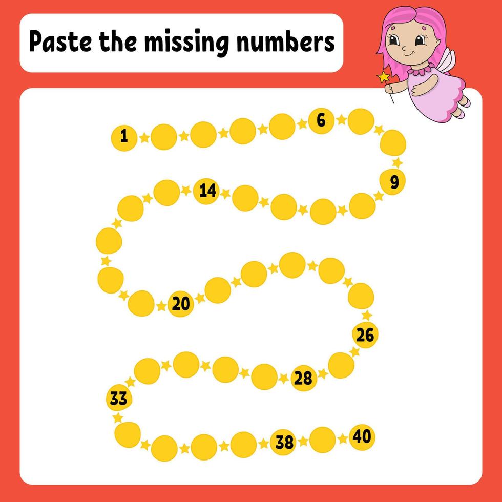 Paste the missing numbers. Handwriting practice. Learning numbers for kids. Education developing worksheet. Activity page. Game for children. Isolated vector illustration in cute cartoon style.