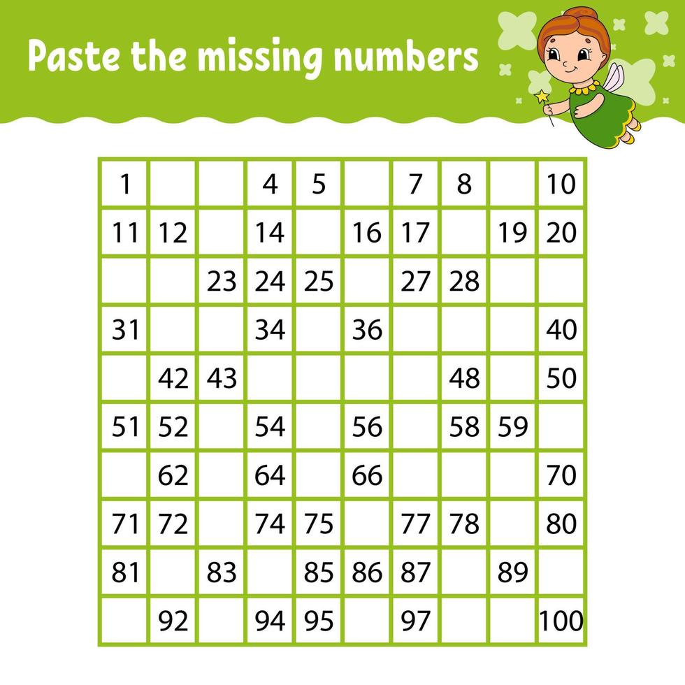 Paste the missing numbers. Handwriting practice. Learning numbers for kids. Education developing worksheet. Activity page. Game for children. Isolated vector illustration in cute cartoon style.