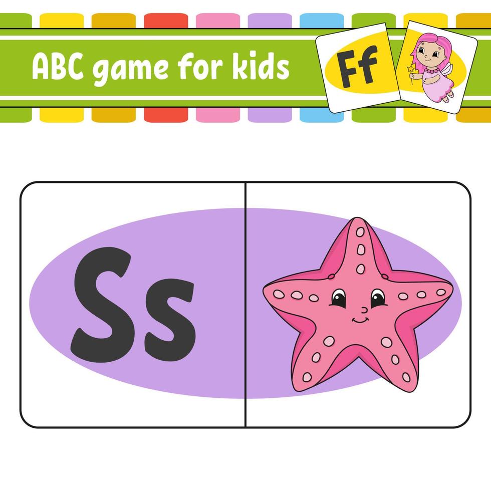 ABC flash cards. Alphabet for kids. Learning letters. Education developing worksheet. Activity page for study English. Game for children. Funny character. Isolated vector illustration. Cartoon style.