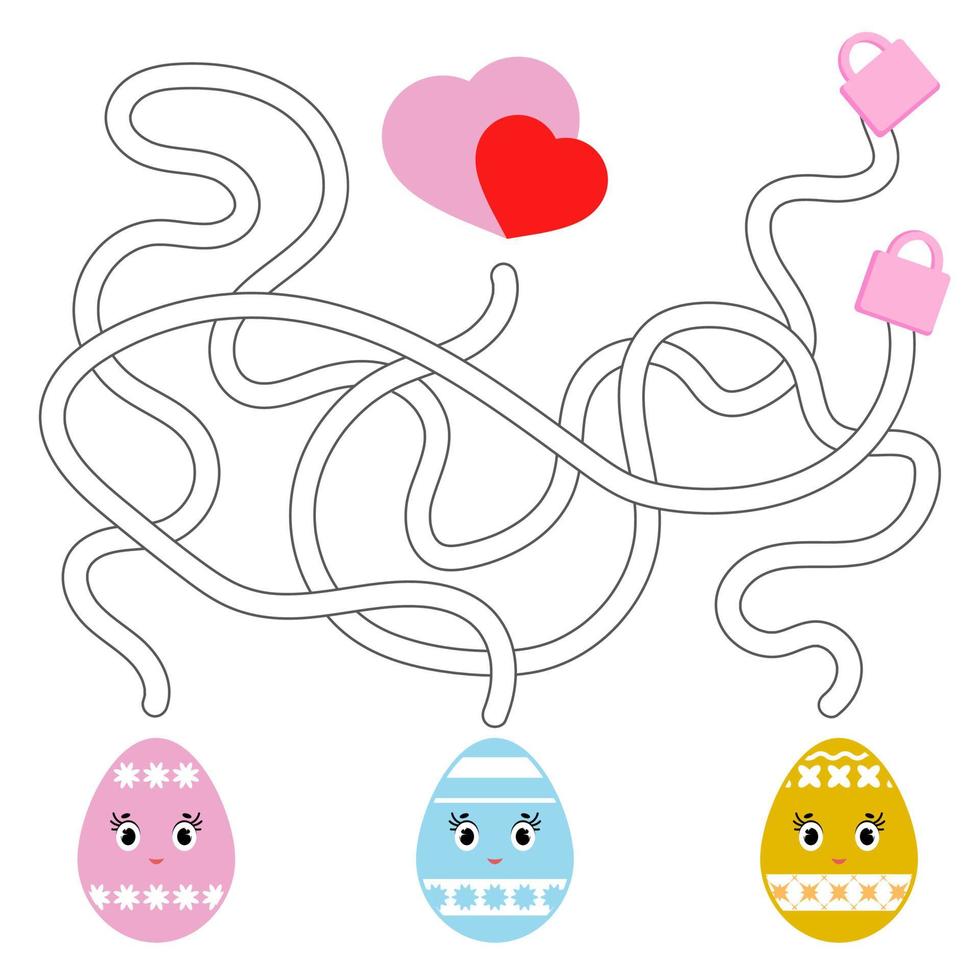 Color abstract labyrinth. Kids worksheets. Activity page. Game puzzle for children. Cute egg toon, the way to the heart, holiday, Easter. Maze conundrum. Vector illustration.