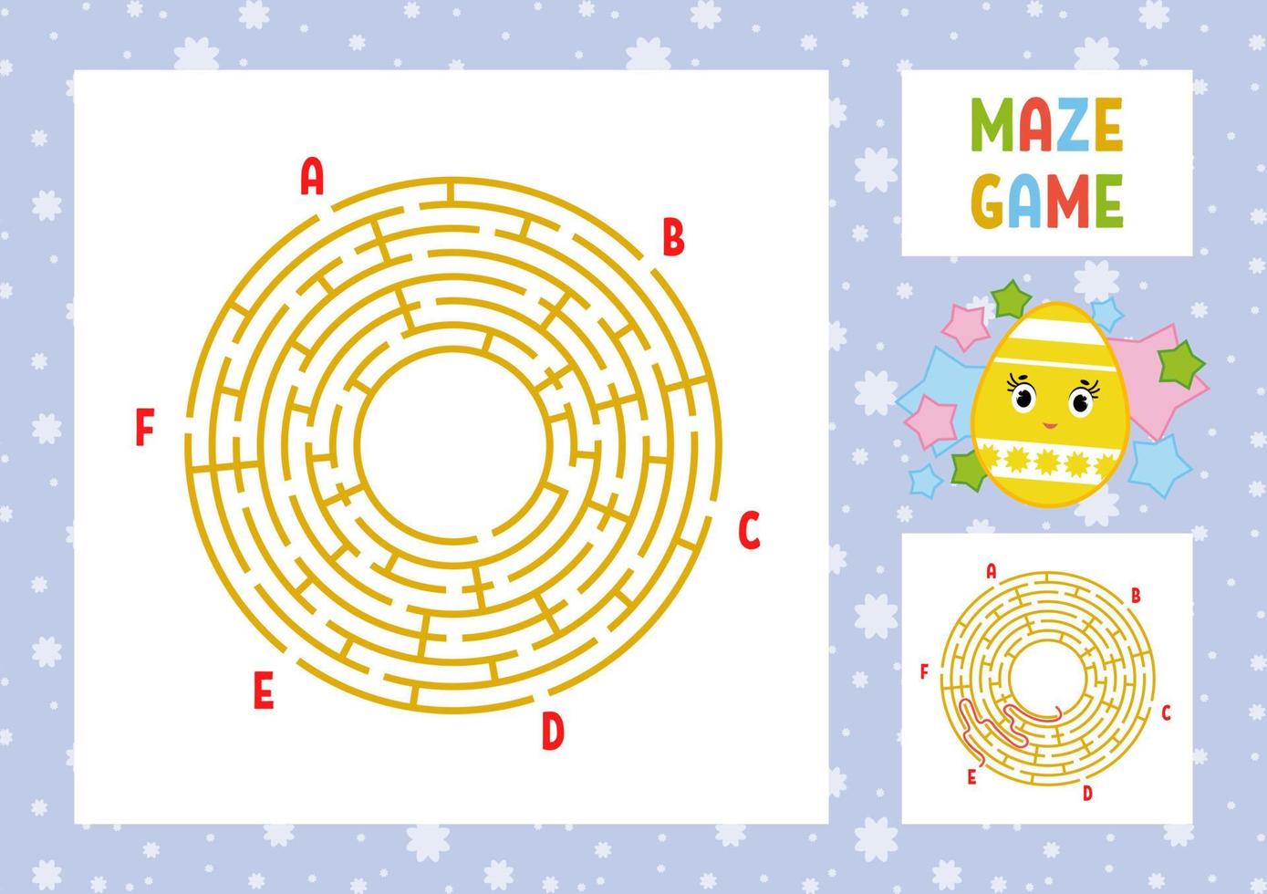 Color round labyrinth. Kids worksheets. Activity page. Game puzzle for children. Cute cartoon egg. Holiday Easter. Maze conundrum. Vector illustration. With answer. With place for your image.