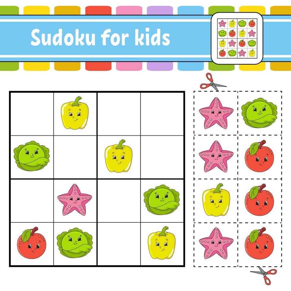 sudoku para niños. hoja de trabajo de desarrollo educativo. página de actividades con imágenes. juego de rompecabezas para niños. entrenamiento del pensamiento lógico. ilustración vectorial aislada. personaje divertido. estilo de dibujos animados. vector