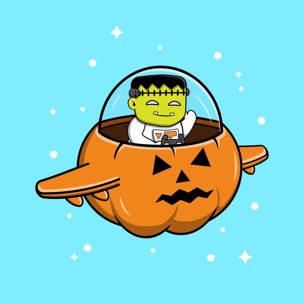 Frankenstein Riding Spaceship Cartoon Vector Illustration. Halloween Character Icon.