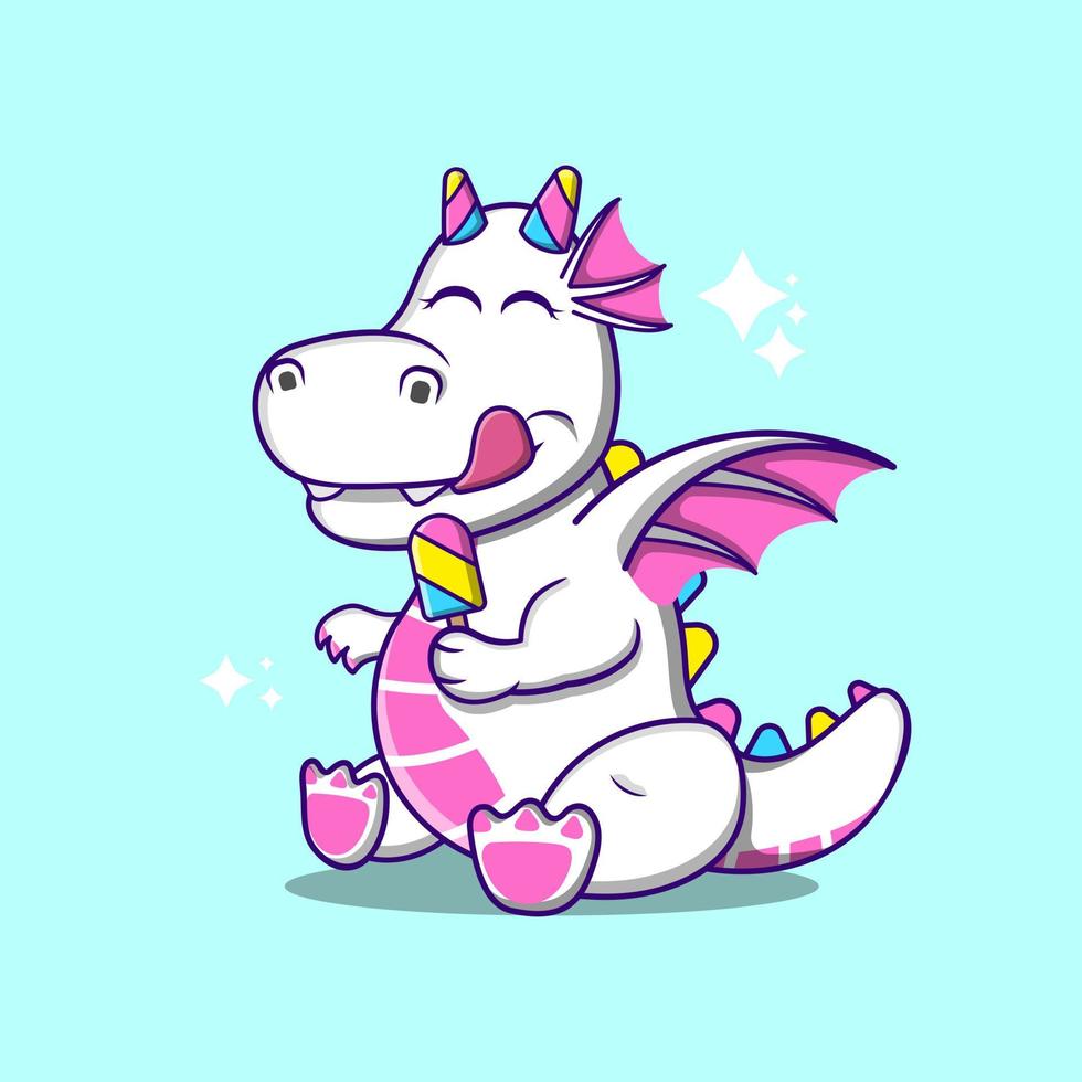 Cute Dragon Eating Ice Cream Cartoon Vector Icon Illustration.