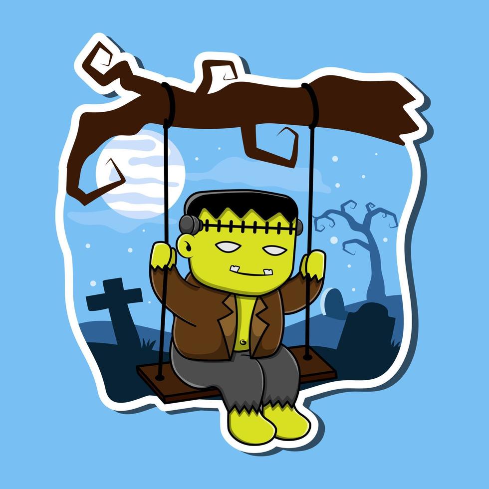 Frankenstein cartoon Swinging on the Tree Vector Illustration. Halloween Zombie mascot.
