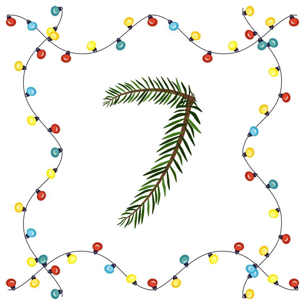 número siete de ramas de árboles de Navidad verdes. Fuente festiva y marco de garland, símbolo de feliz año nuevo y navidad, personaje para decoración de fecha vector