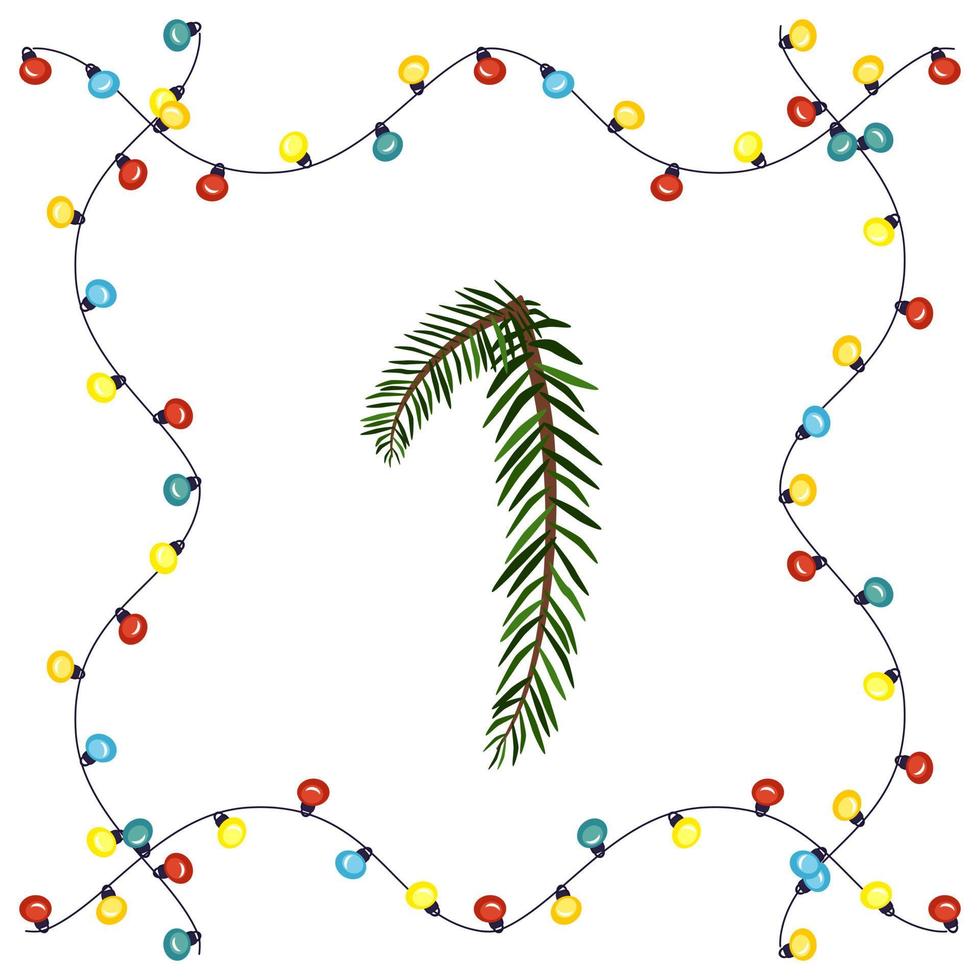 Number one from green Christmas tree branches. Festive font and frame from garland, symbol of happy New Year and Christmas, character for date decoration vector