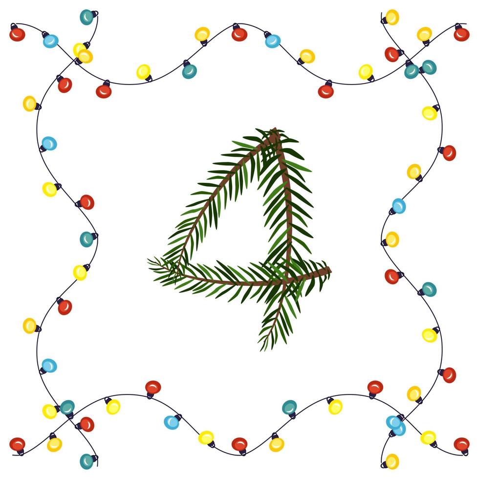 Number four from green Christmas tree branches. Festive font and frame from garland, symbol of happy New Year and Christmas, character for date decoration vector