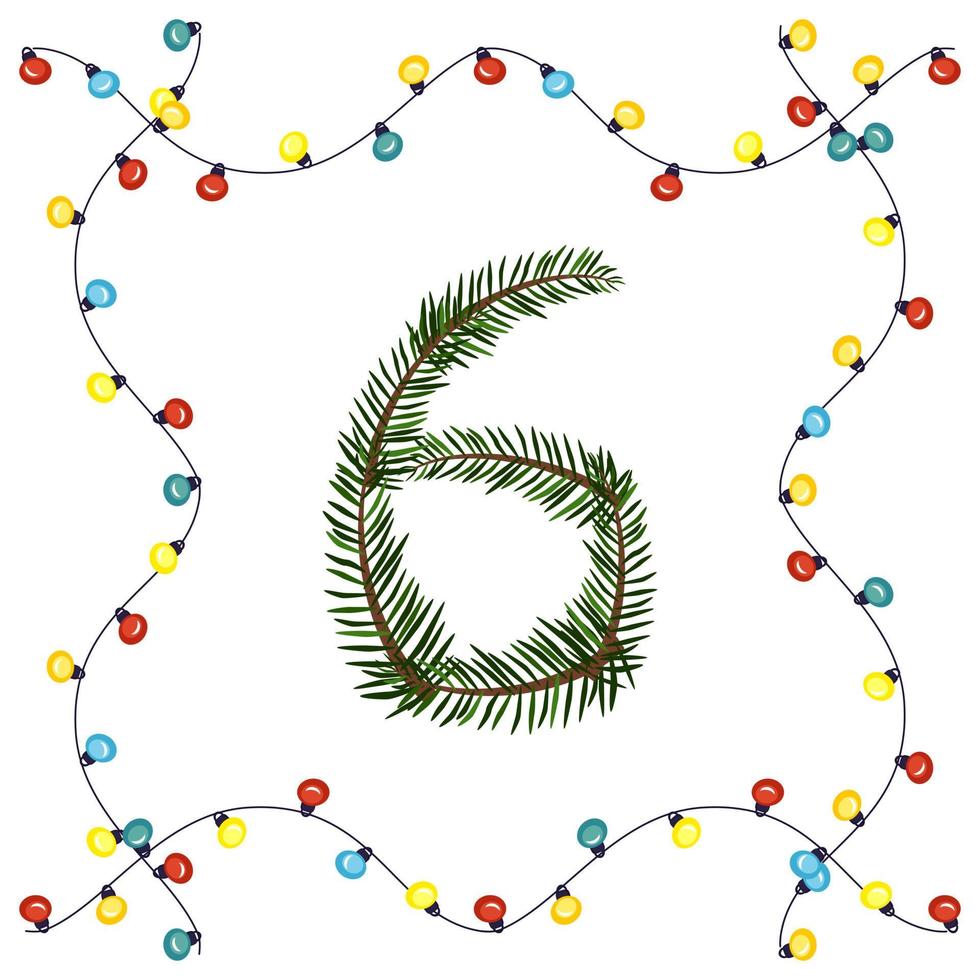 Number six from green Christmas tree branches. Festive font and frame from garland, symbol of happy New Year and Christmas, character for date decoration vector