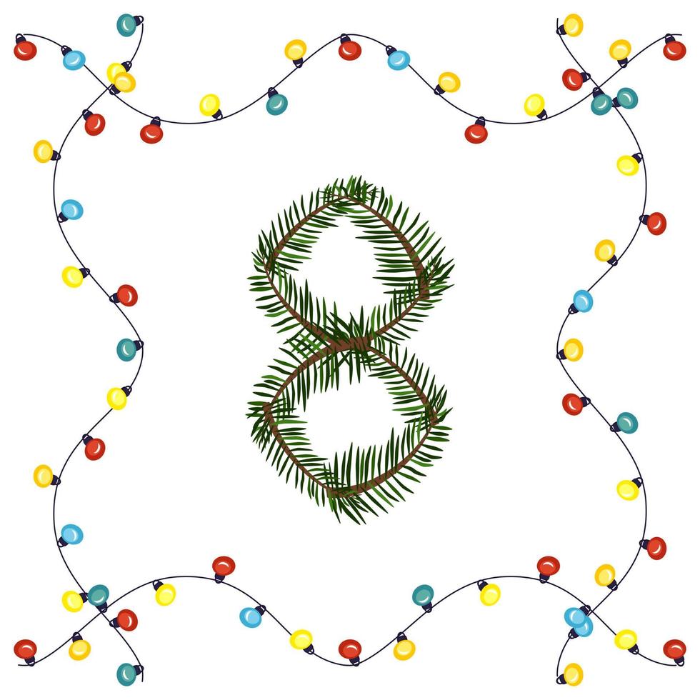 Number eight from green Christmas tree branches. Festive font and frame from garland, symbol of happy New Year and Christmas, character for date decoration vector