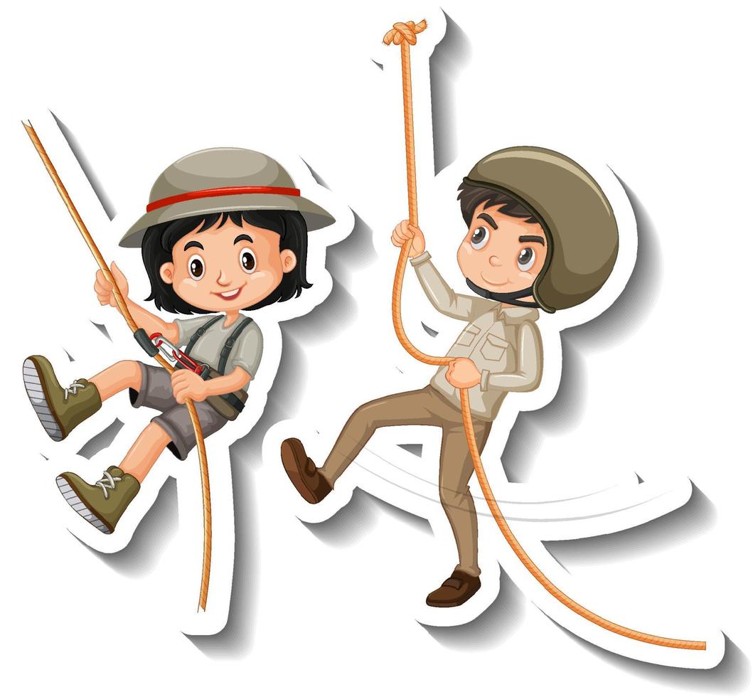 Couple kids hanging on rope cartoon character sticker vector