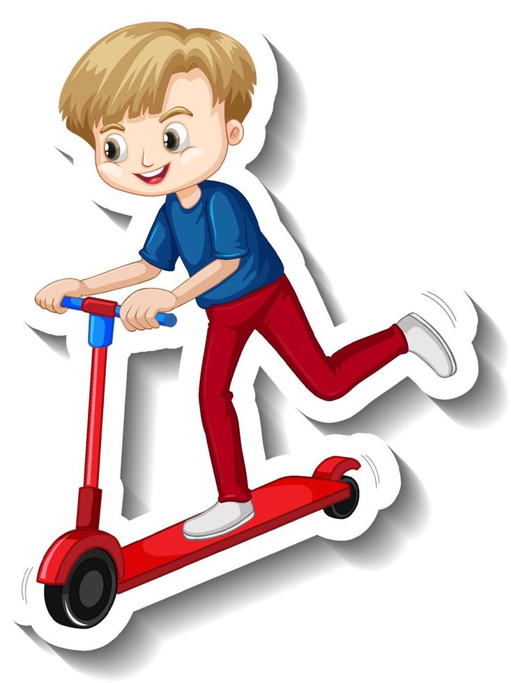 Boy rides on a scooter cartoon sticker vector