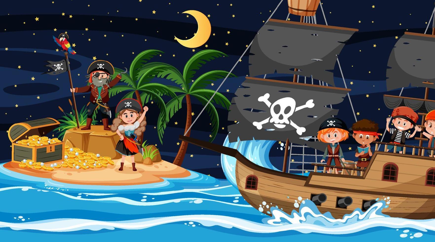 Treasure Island scene at night with Pirate kids on the ship vector