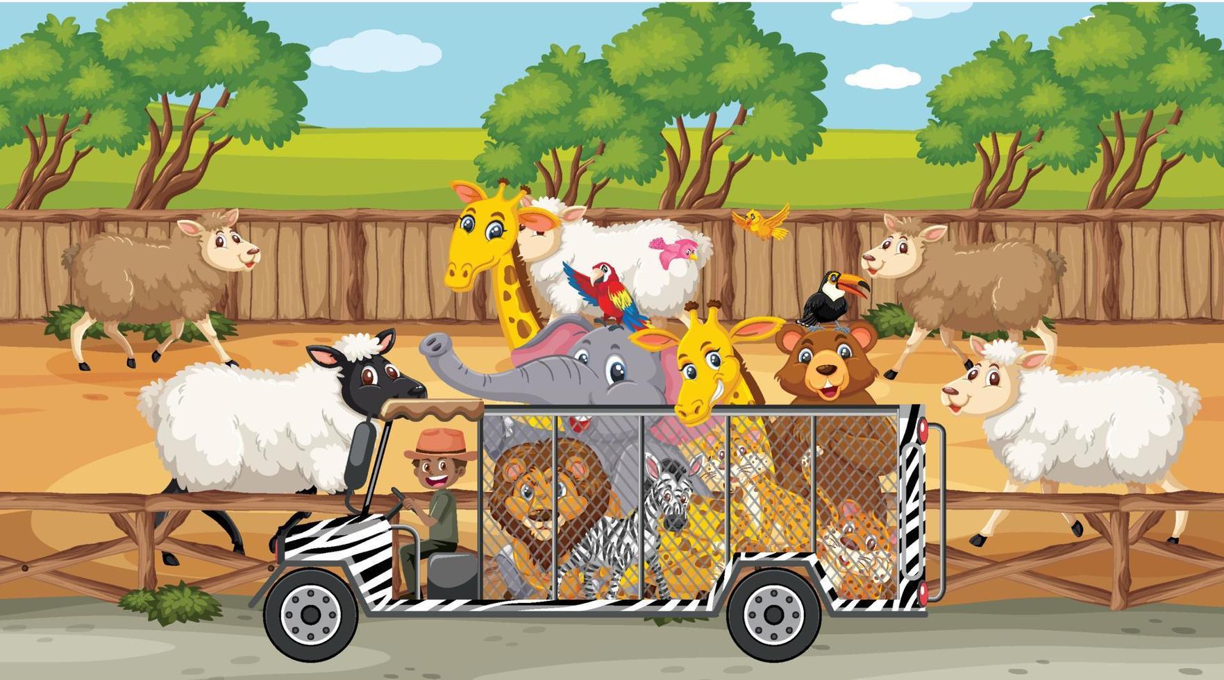 Escenas de safari con muchos personajes de dibujos animados de ovejas y niños. vector