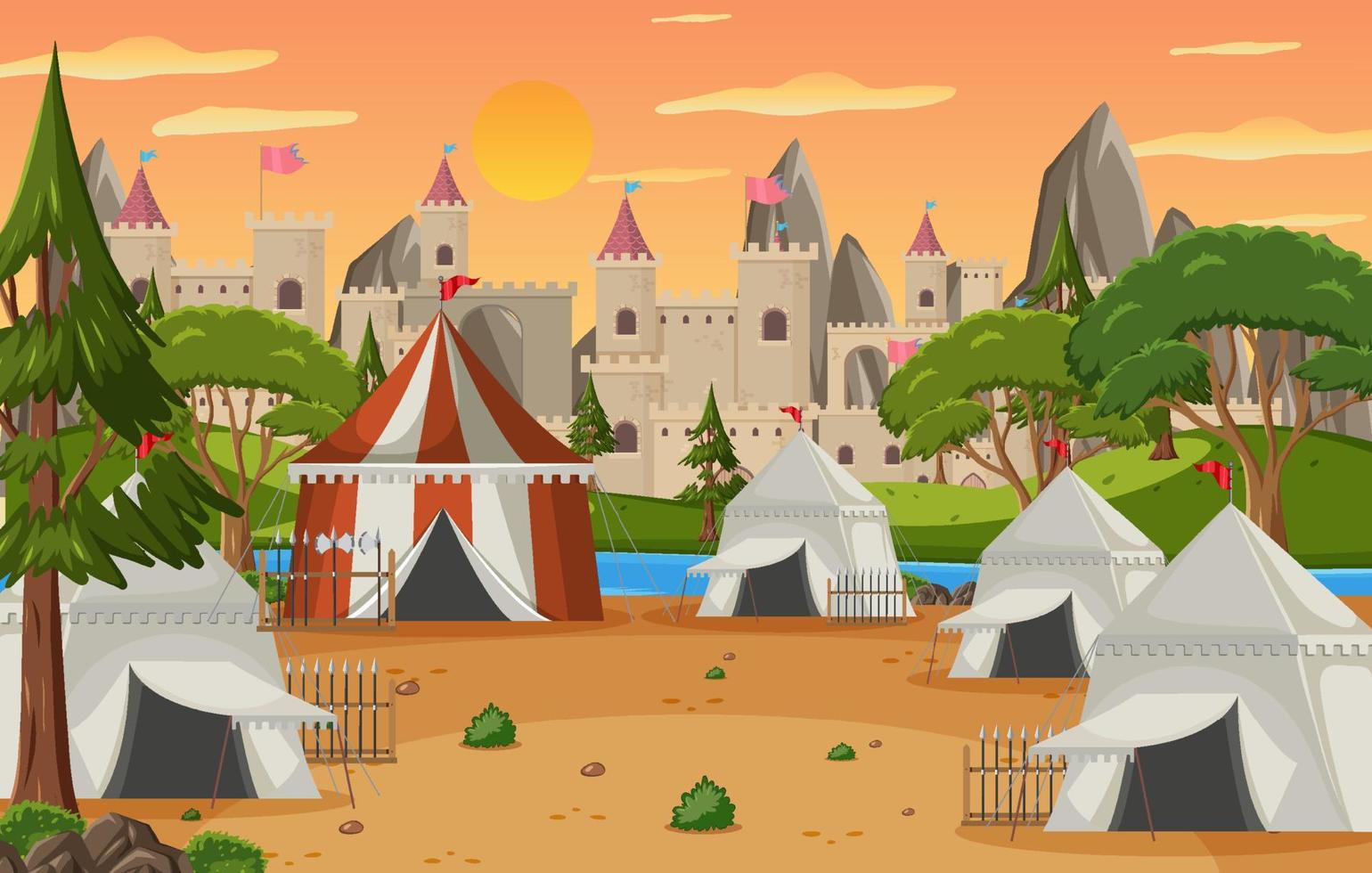 Military medieval camp with tents and warriors vector