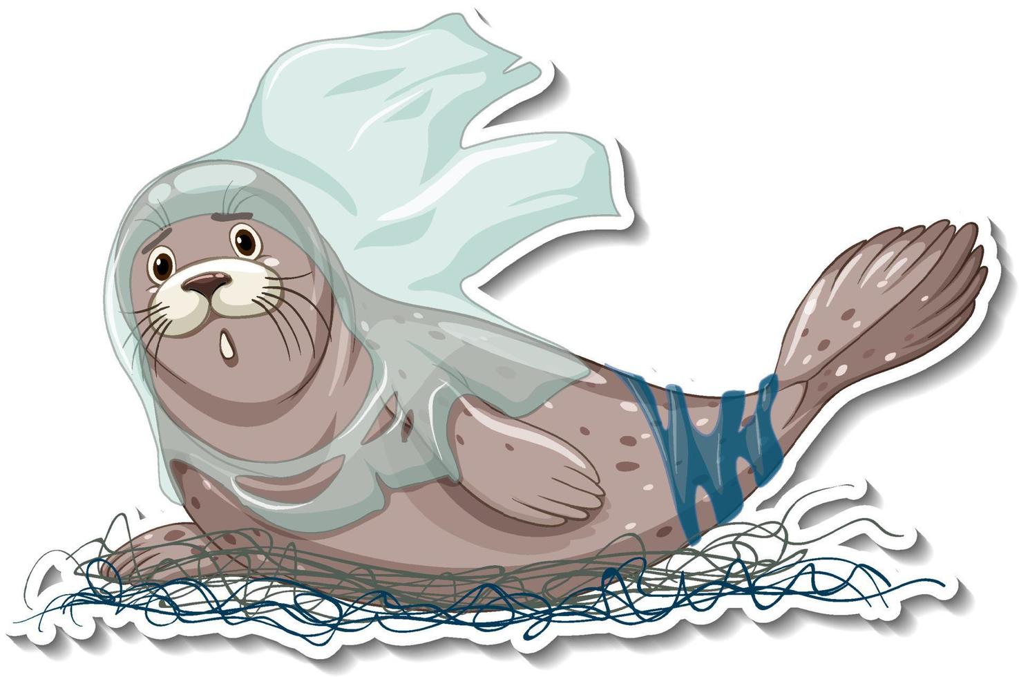 Seal stuck with plastic waste on white background vector