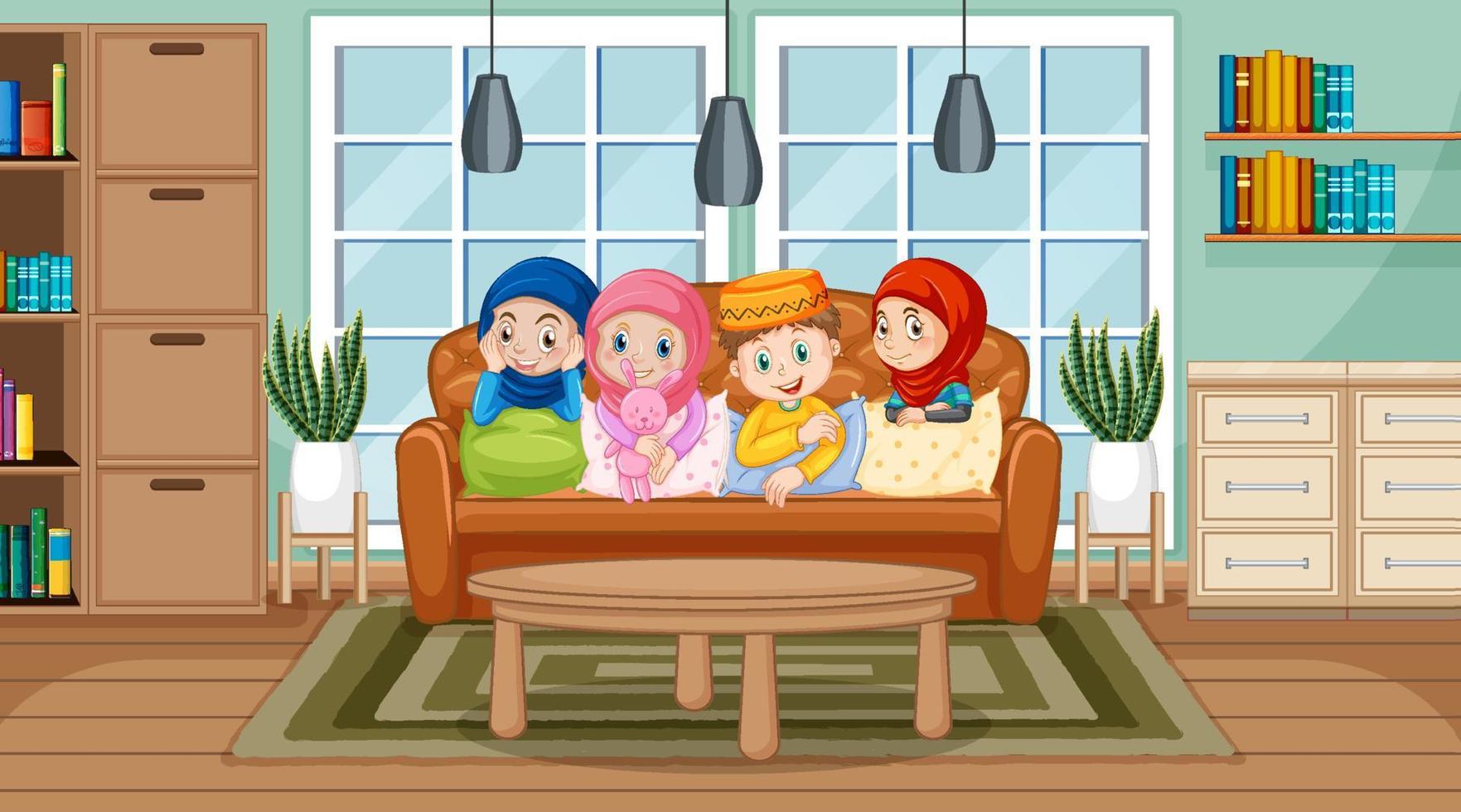 escena de la sala de estar con personaje de dibujos animados de niños musulmanes vector