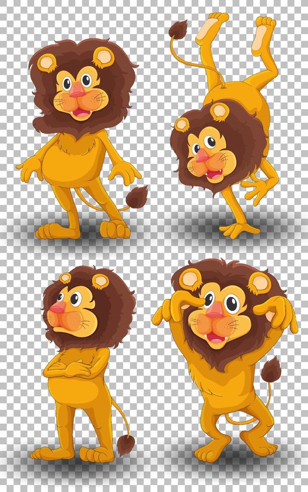 Set of different positions of lion cartoon character isolated on grid background vector