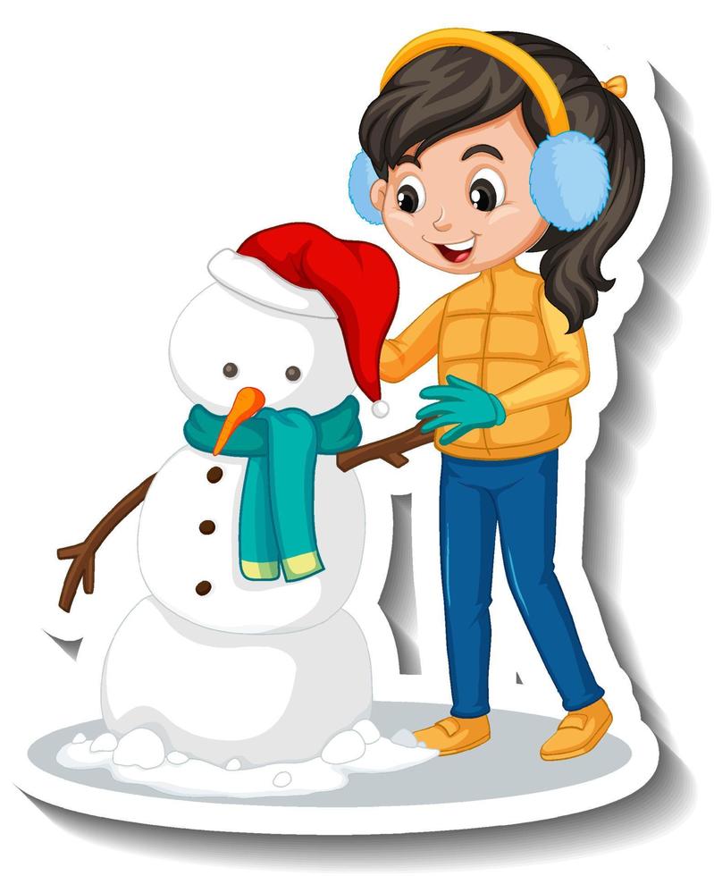 Girl building a snowman cartoon sticker vector