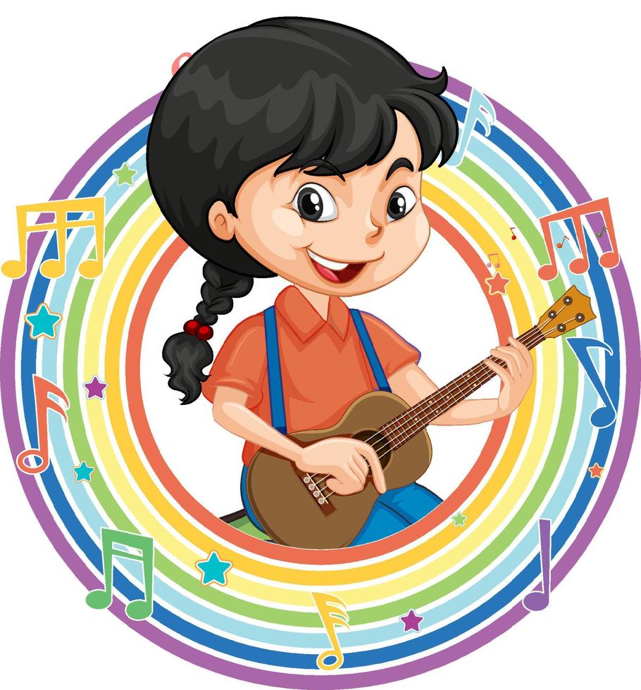 A girl playing guitar in rainbow round frame with melody symbols vector