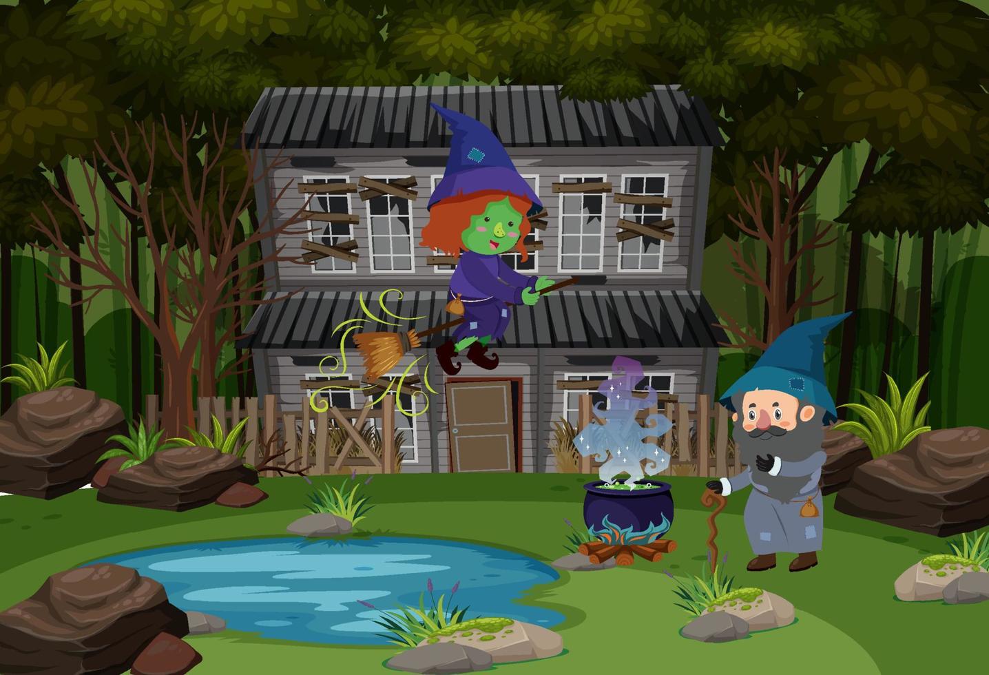 Witch and wizard in the wood vector