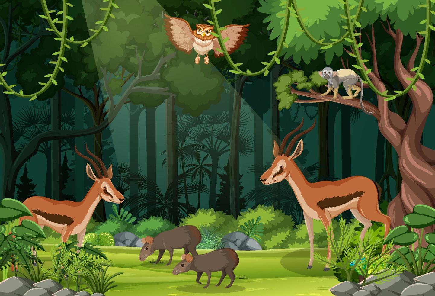 Wild animals in forest landscape background vector