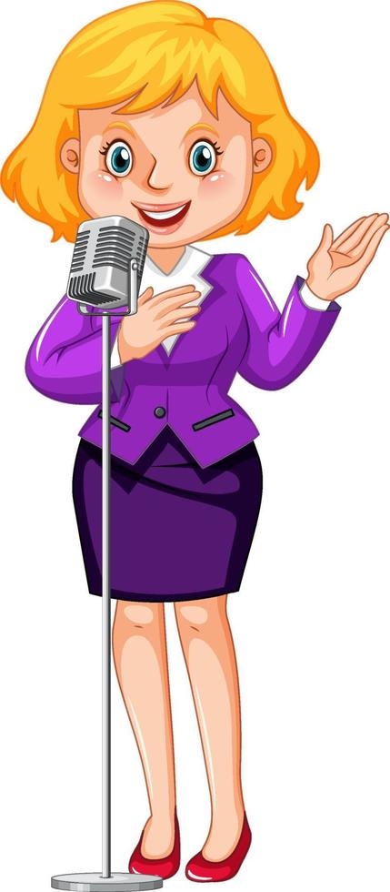 Female speaker with microphone on white background vector