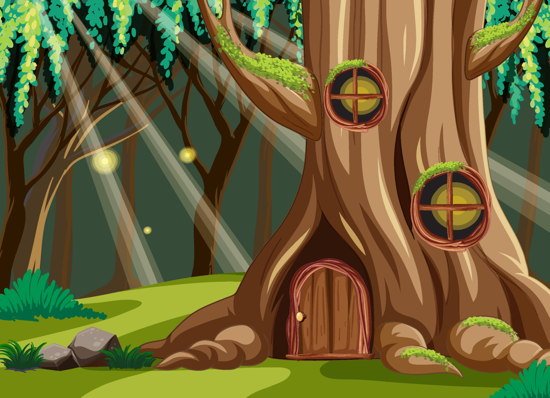 Forest scene with tree house inside the tree trunk 3627014 Vector Art