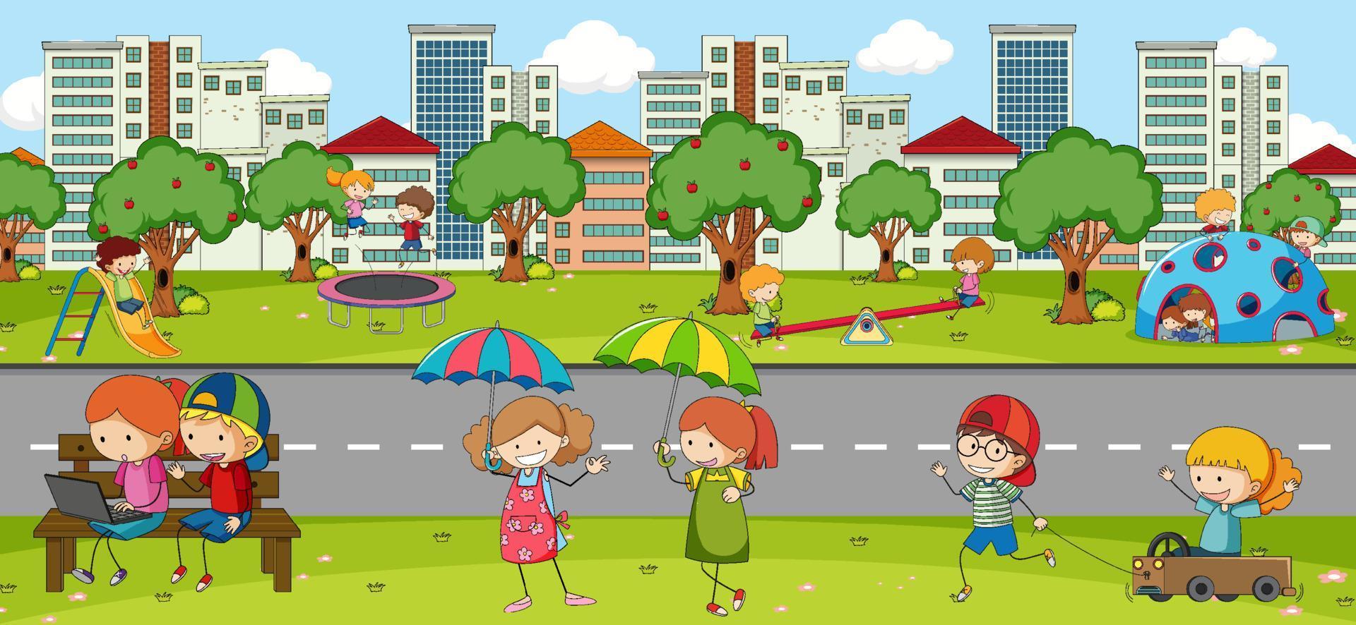 Outdoor scene with many kids playing in the park vector