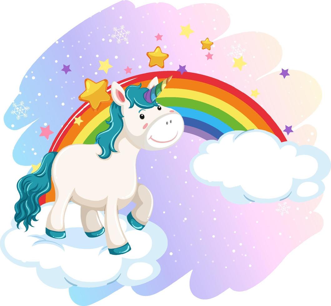 lindo unicornio en el cielo pastel con arcoiris vector