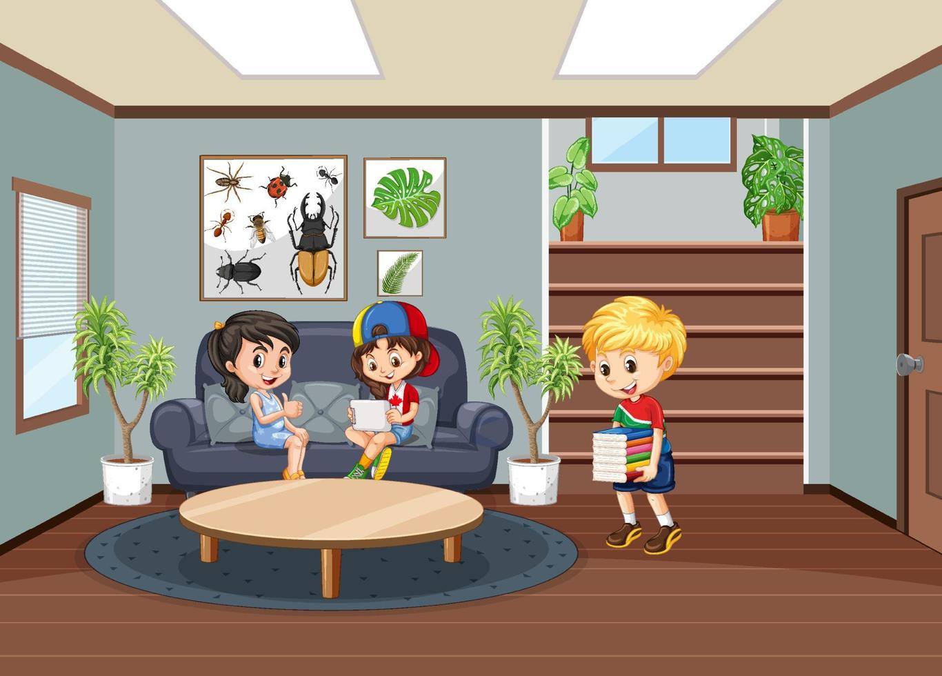 Interior of living room with children vector