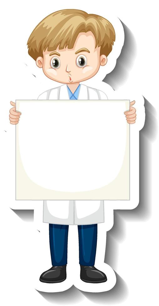 Scientist boy holding empty board cartoon character sticker vector