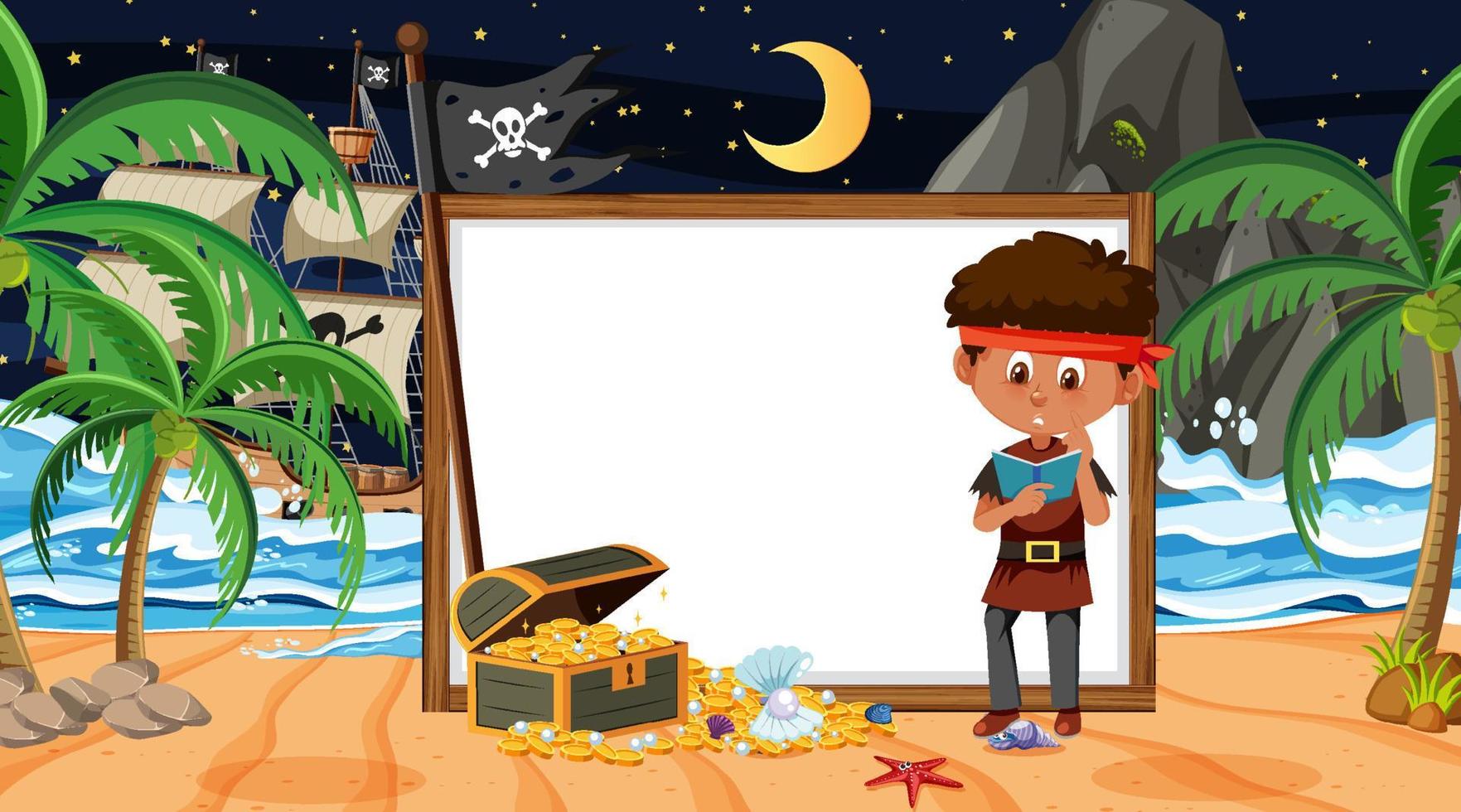 Niños piratas en la escena nocturna de la playa con una plantilla de banner vacía vector