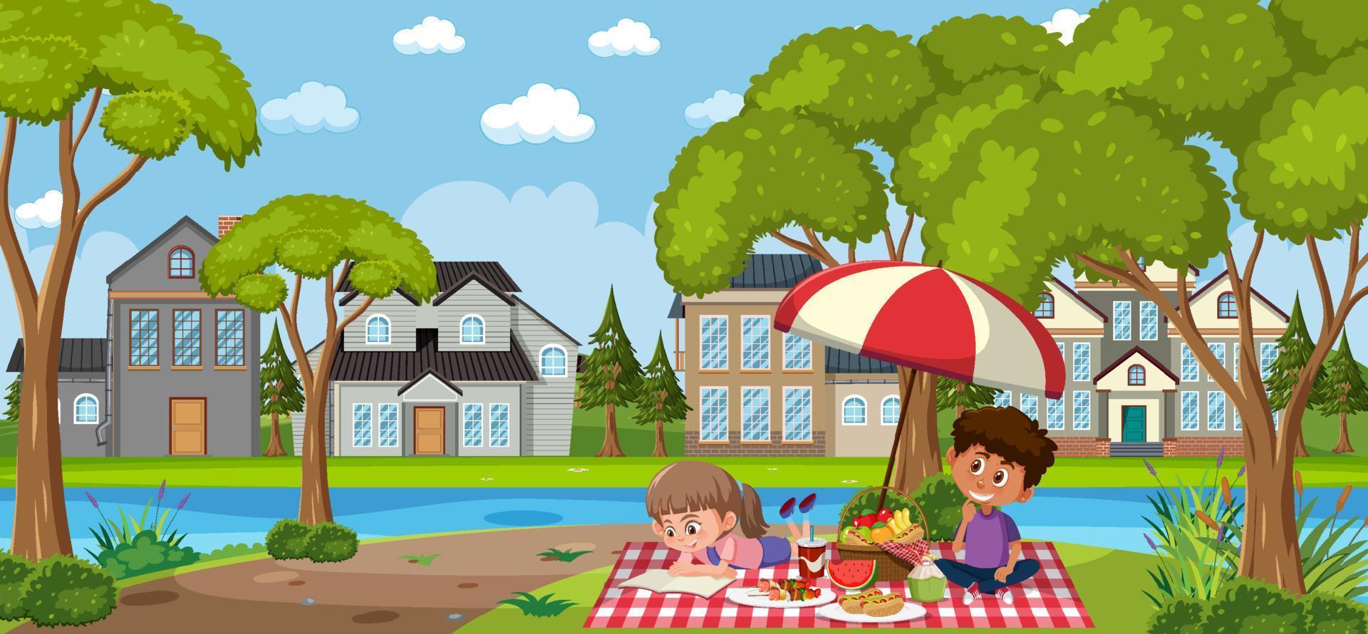 Happy kids picnic at the yard vector