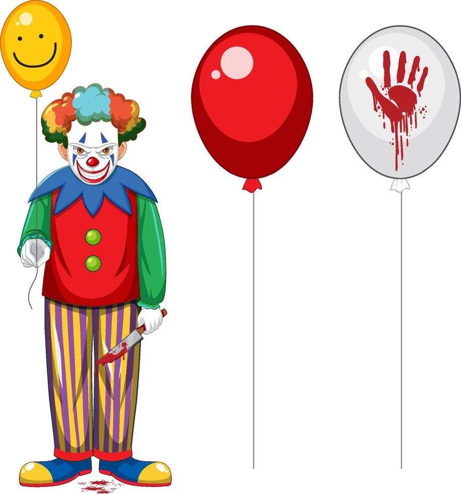 Scary clown holding balloon on white background vector