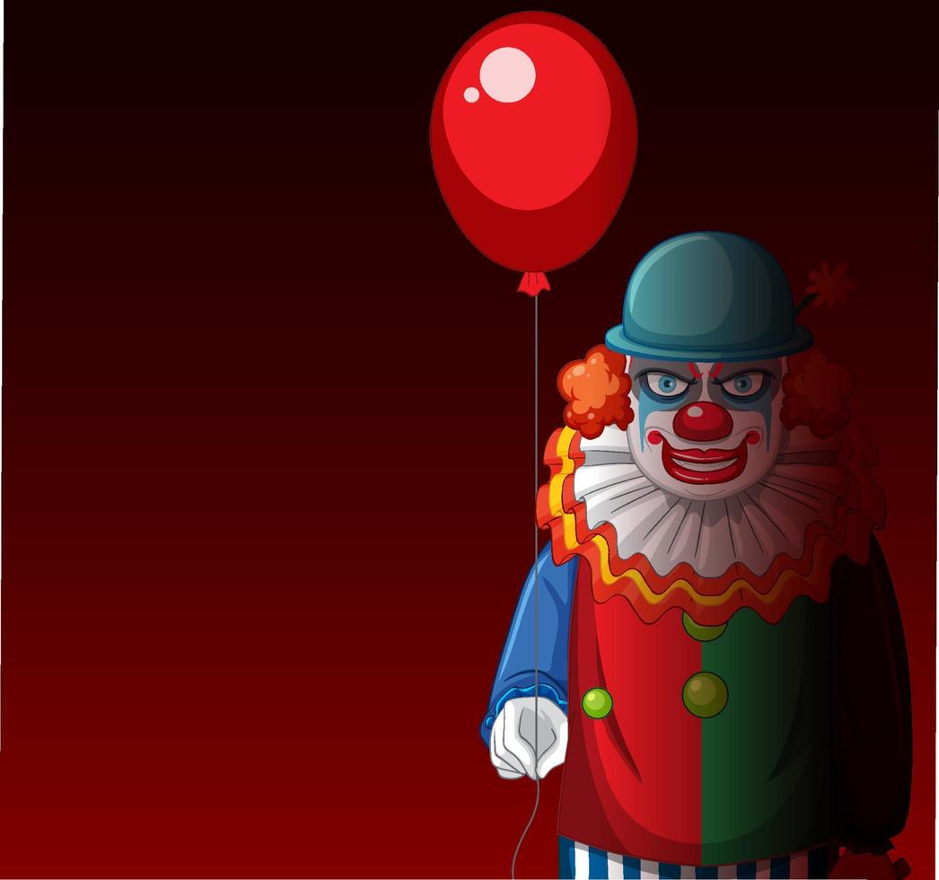 Payaso espeluznante sosteniendo globo sobre fondo rojo. vector