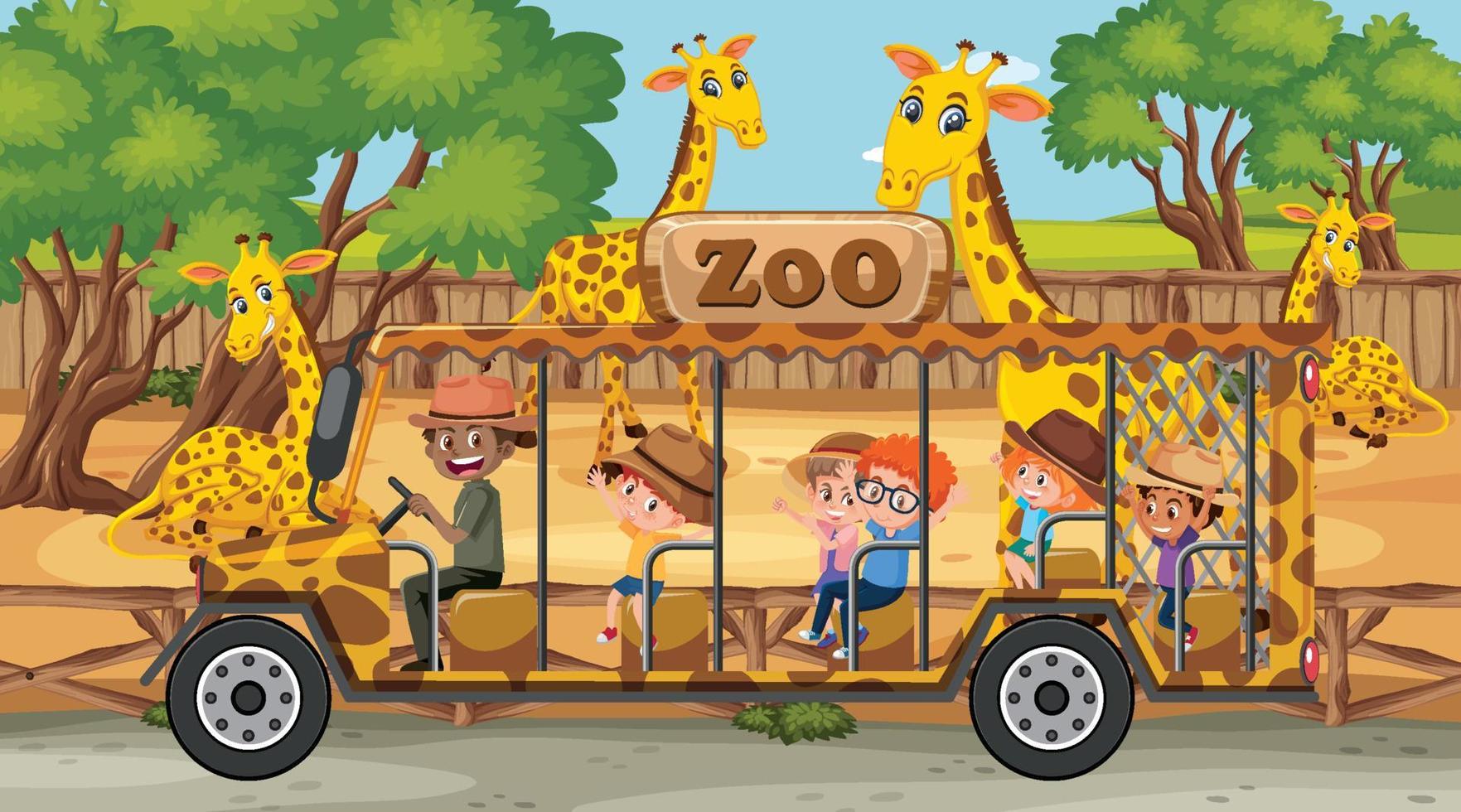 Safari scene with many giraffes and kids on tourist car vector