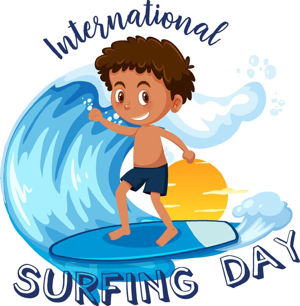 International Surfing Day banner with a boy surfer cartoon character isolated vector