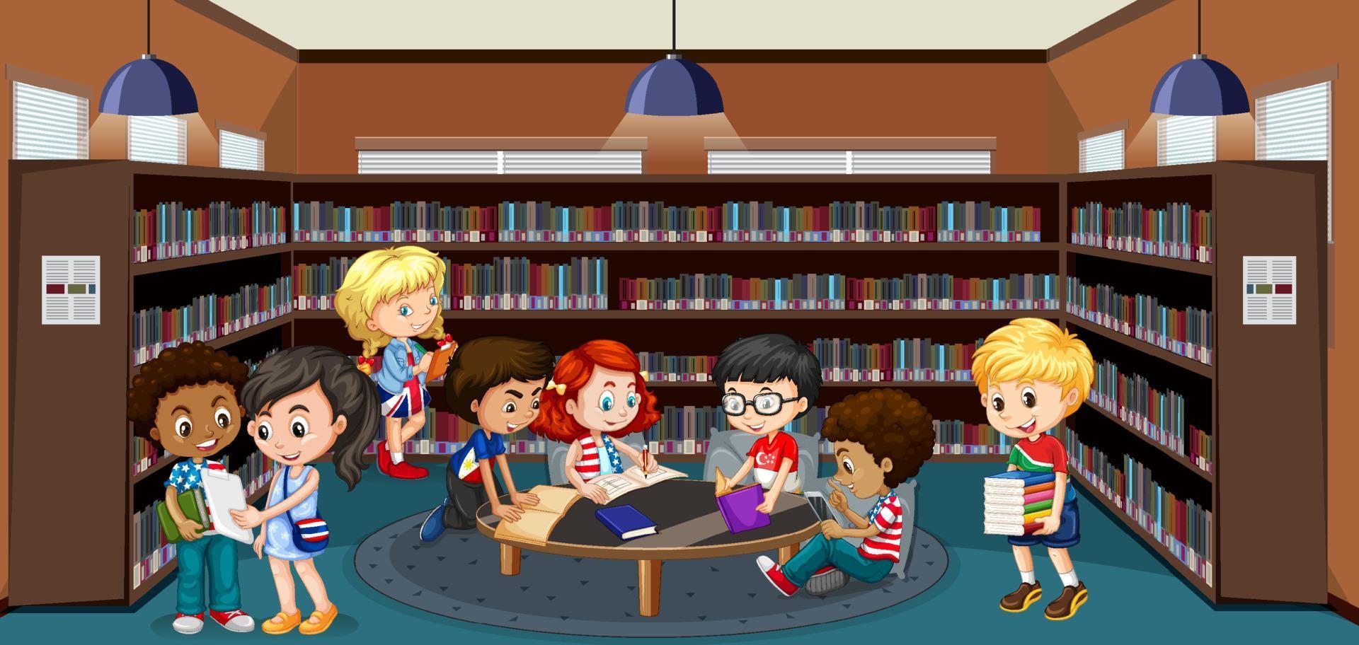 School library interior with children group vector