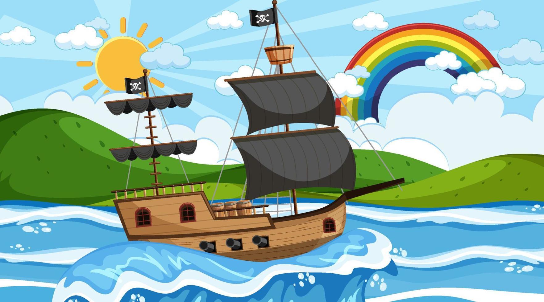 Ocean with Pirate ship at day time scene in cartoon style vector